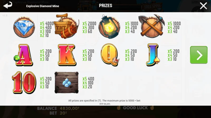 Explosive Diamond Mine - paytable